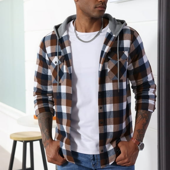 SPEEDRUN Men's Hooded Flannel Shirt for Men Plaid Shirts Long Sleeve Button-Down Flannel Jacket Hoodie, Coffee L
