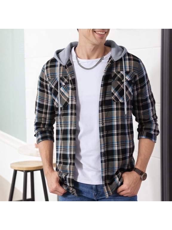 Men's Hooded Flannel Shirt for Men Plaid Shirts Long Sleeve Button-Down Flannel Jacket Hoodie, Dark Blue&Brown 2XL