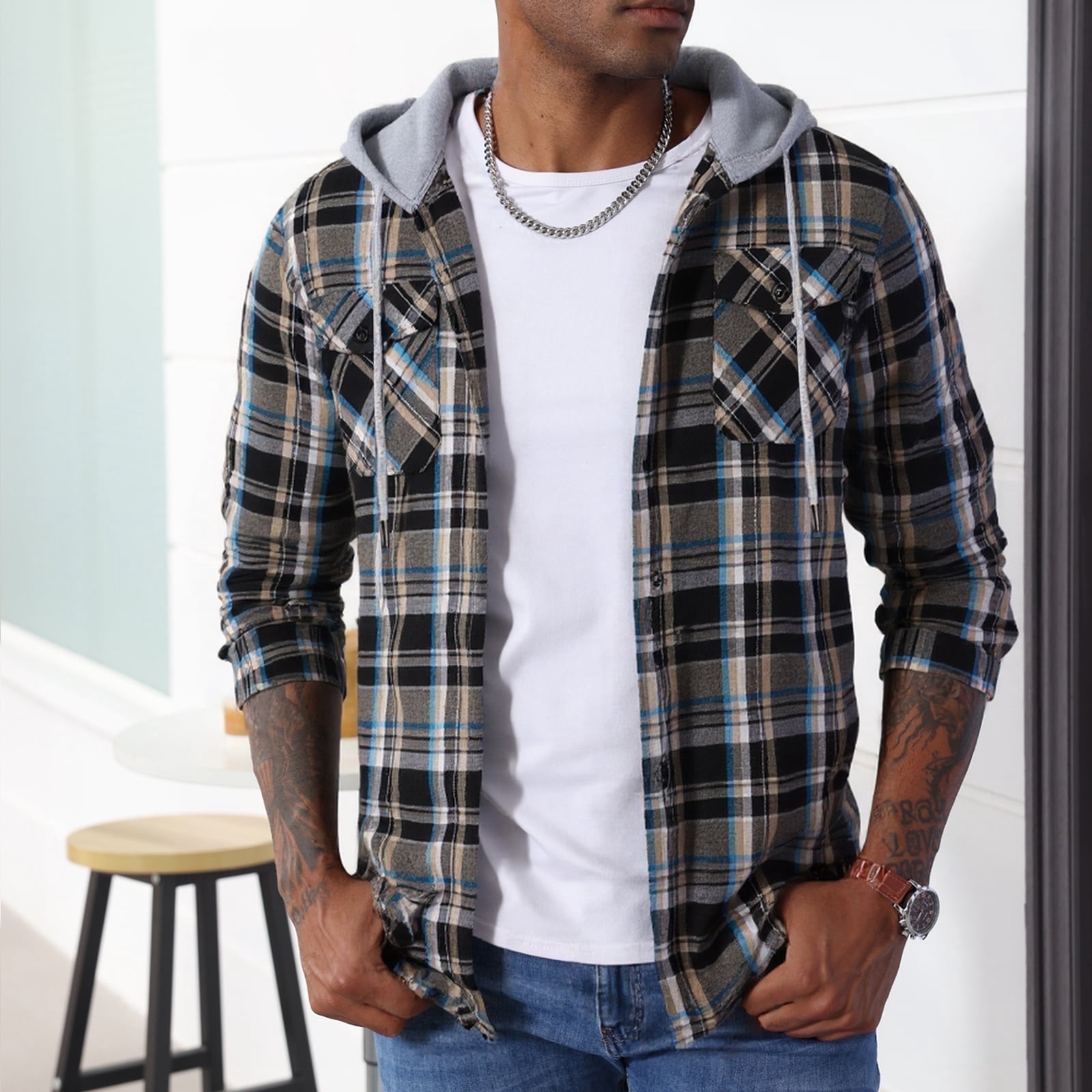 SWISSWELL Men's Hooded Flannel Shirt for Men Plaid Shirts Long Sleeve ...