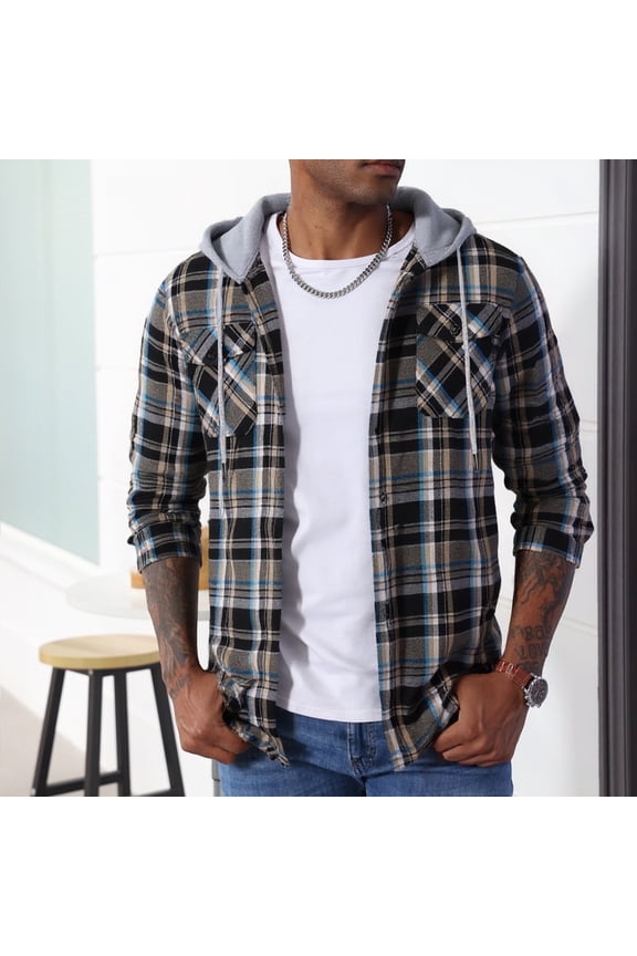 Men's Hooded Flannel Shirt for Men Plaid Shirts Long Sleeve Button-Down Flannel Jacket Hoodie, Dark Blue&Brown L