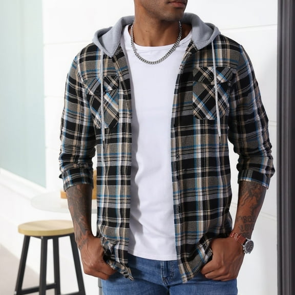 SPEEDRUN Men's Hooded Flannel Shirt for Men Plaid Shirts Long Sleeve Button-Down Flannel Jacket Hoodie, Dark Blue&Brown L