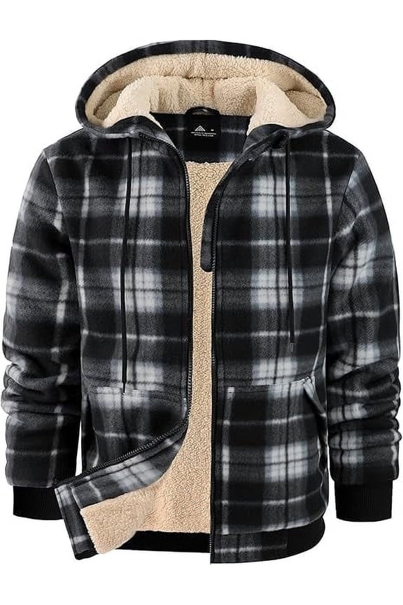 Men's Hoodies for Men Plaid Flannel Jacket Warm Sherpa Fleece Lined Coat Winter Full Zip Up Sweatshirt Black 2XL