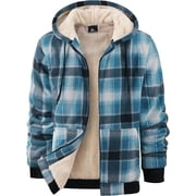 SPEEDRUN Men's Hoodies for Men Plaid Flannel Jacket Warm Sherpa Fleece Lined Coat Winter Full Zip Up Sweatshirt Light Blue 2XL