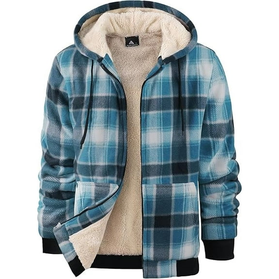 SPEEDRUN Men's Hoodies for Men Plaid Flannel Jacket Warm Sherpa Fleece Lined Coat Winter Full Zip Up Sweatshirt Light Blue 2XL
