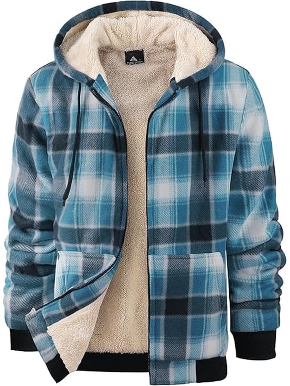 Men's Hoodies for Men Plaid Flannel Jacket Warm Sherpa Fleece Lined Coat Winter Full Zip Up Sweatshirt Light Blue 2XL