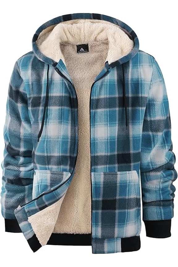 Men's Hoodies for Men Plaid Flannel Jacket Warm Sherpa Fleece Lined Coat Winter Full Zip Up Sweatshirt Light Blue 2XL