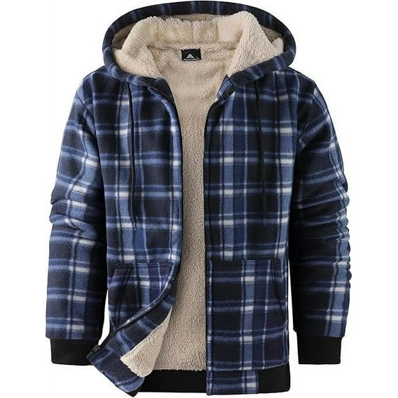 SPEEDRUN Men's Hoodies for Men Plaid Flannel Jacket Warm Sherpa Fleece Lined Coat Winter Full Zip Up Sweatshirt Navy M