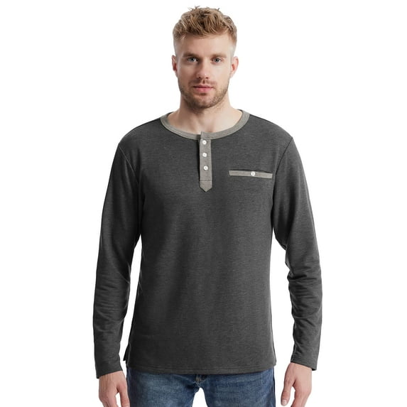 SPEEDRUN Men's Long Sleeve Henley Shirts Button Placket Leisure Casual Shirt Basic T-Shirt Stand-Up Collar Summer Henley Shirt Dark Gray L