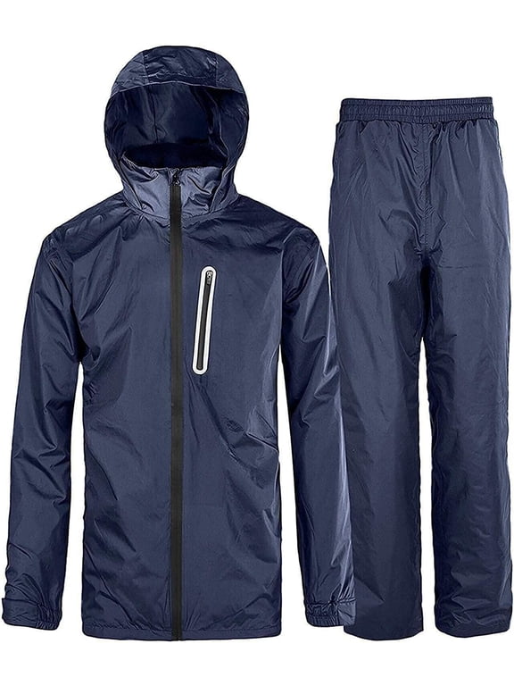 Men's Rain Gear Waterproof Rain Suits Hooded Rain Coats and Pants Navy L