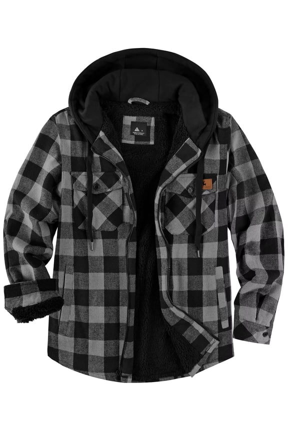 Men's Thick Fleece Plaid Jacket Flannel Shirts Sherpa Lined Full Zip Up Hoodie Winter Coat with Pockets Dark Gray L