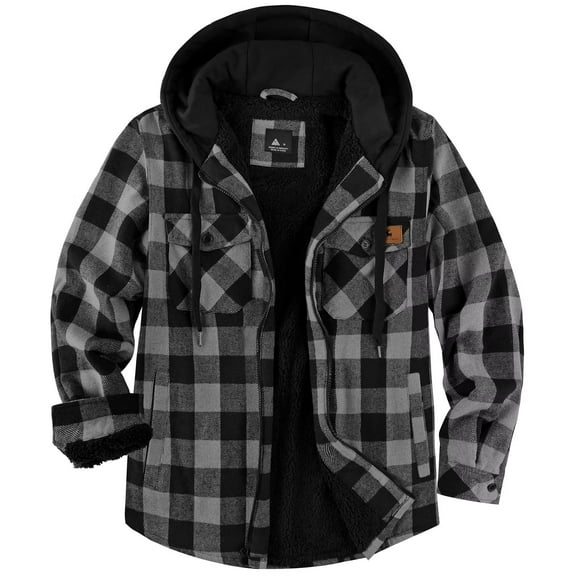 SPEEDRUN Men's Thick Fleece Plaid Jacket Flannel Shirts Sherpa Lined Full Zip Up Hoodie Winter Coat with Pockets Dark Gray M