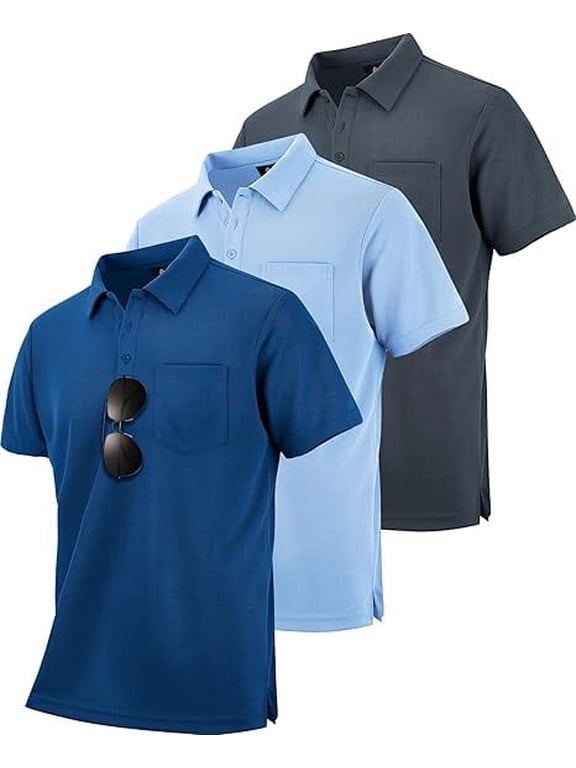 Mens 3 Pack Polo Shirts with Pocket Short Sleeve Moisture Wicking Outdoor Tactical Shirt Summer Casual L