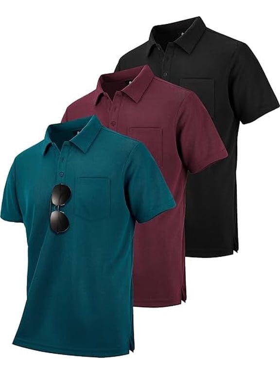 Mens 3 Pack Polo Shirts with Pocket Short Sleeve Moisture Wicking Outdoor Tactical Shirt Summer Casual L