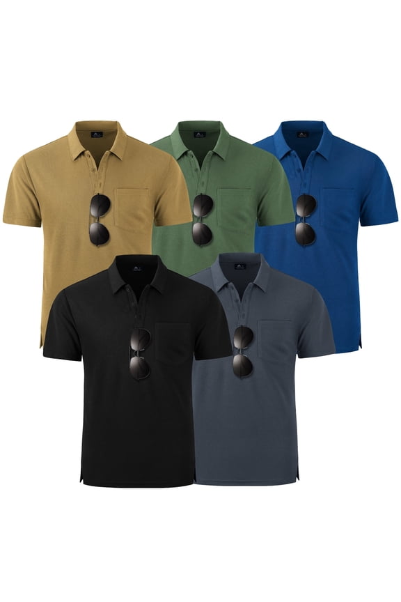 Mens 5 Pack Polo Shirts with Pocket Short Sleeve Moisture Wicking Outdoor Tactical Shirt Summer Casual M