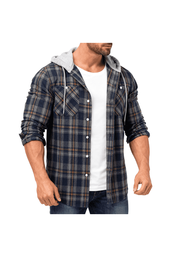 Mens Casual Button Down Long Sleeve Shirts Flannel Plaid Hoodies Shirts Casual Plaid Lightweight Jackets Shirt Bule&Yellow 2XL
