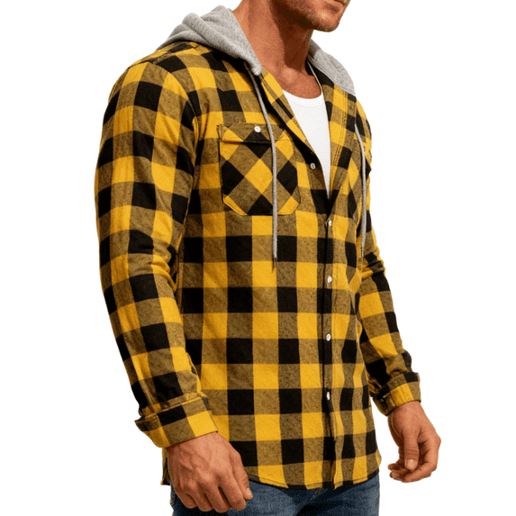 SPEEDRUN Mens Casual Button Down Long Sleeve Shirts Flannel Plaid Hoodies Shirts Casual Plaid Lightweight Jackets Shirt Yellow XL