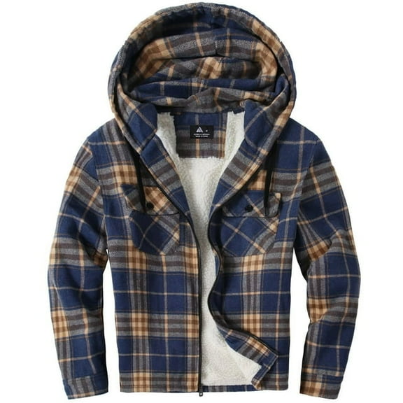 SPEEDRUN Mens Flannel Hoodie Plaid Jacket Fleece Sherpa Lined Full Zip Up Sweatshirt Winter Hooded Shirts Coat Blue&Orange M