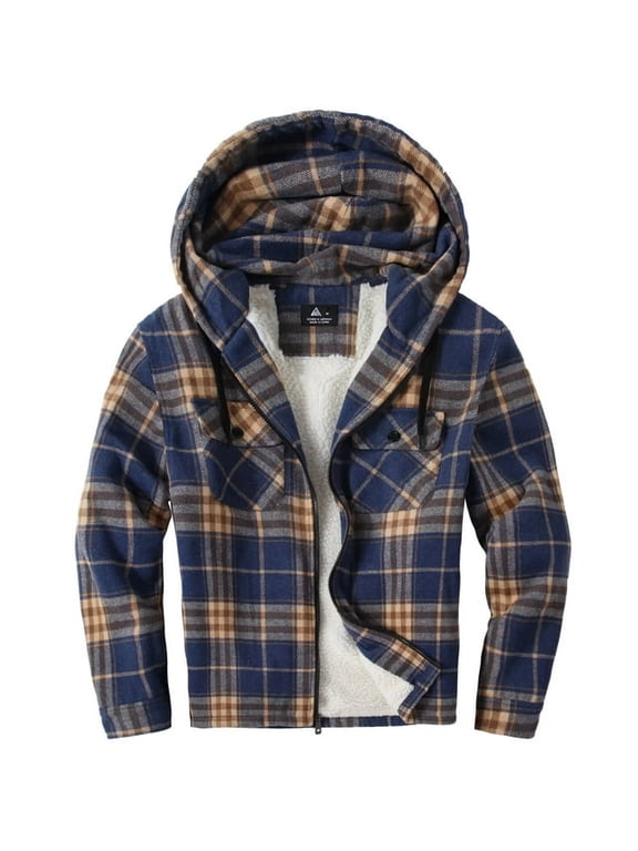 Mens Flannel Hoodie Plaid Jacket Fleece Sherpa Lined Full Zip Up Sweatshirt Winter Hooded Shirts Coat Blue&Orange M