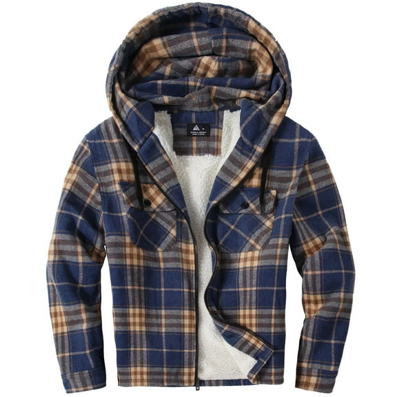 SPEEDRUN Mens Flannel Hoodie Plaid Jacket Fleece Sherpa Lined Full Zip Up Sweatshirt Winter Hooded Shirts Coat Blue&Orange XL
