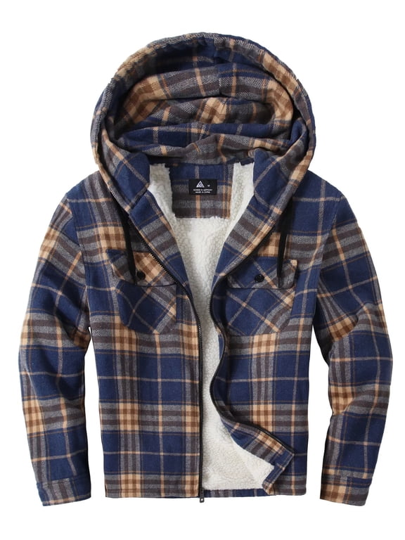 Mens Flannel Hoodie Plaid Jacket Fleece Sherpa Lined Full Zip Up Sweatshirt Winter Hooded Shirts Coat Blue&Orange XL