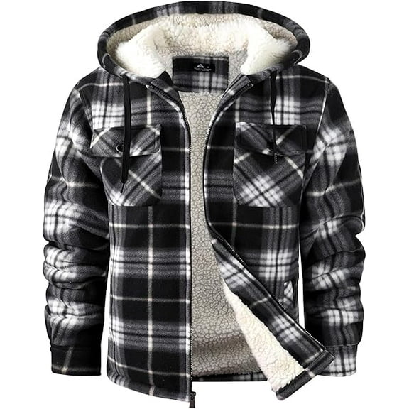 SPEEDRUN Mens Flannel Hoodie Plaid Jacket Fleece Sherpa Lined Full Zip Up Sweatshirt Winter Hooded Shirts Coat with 4 Pockets Black 3XL