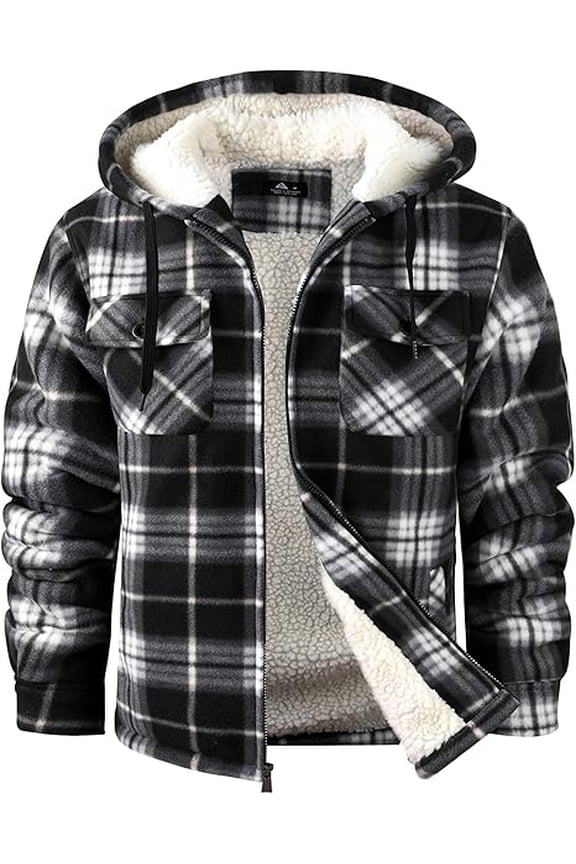 Mens Flannel Hoodie Plaid Jacket Fleece Sherpa Lined Full Zip Up Sweatshirt Winter Hooded Shirts Coat with 4 Pockets Black M