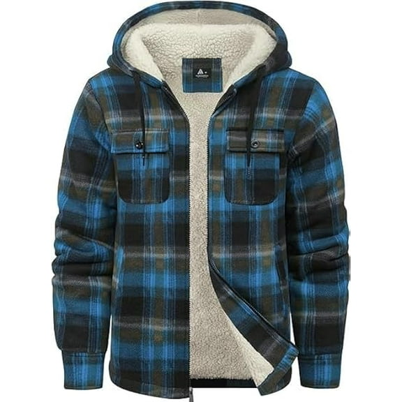 SPEEDRUN Mens Flannel Hoodie Plaid Jacket Fleece Sherpa Lined Full Zip Up Sweatshirt Winter Hooded Shirts Coat with 4 Pockets Blue L