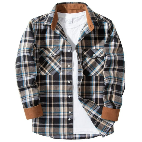 SPEEDRUN Mens Flannel Plaid Shirts Casual Button Down Flannel Plaid Shackets for Men Long Sleeve Casual Plaid Jackets with Hoodie Navy Brown 3XL