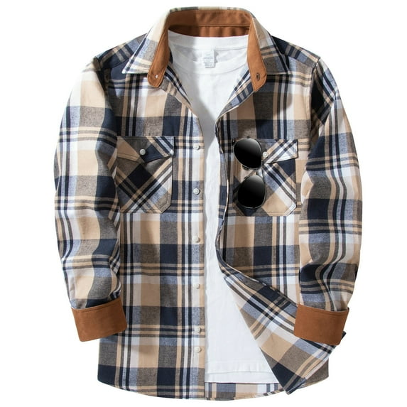 SPEEDRUN Mens Flannel Plaid Shirts Casual Button Down Flannel Plaid Shackets for Men Long Sleeve Casual Plaid Jackets with Hoodie Navy Beige White 3XL