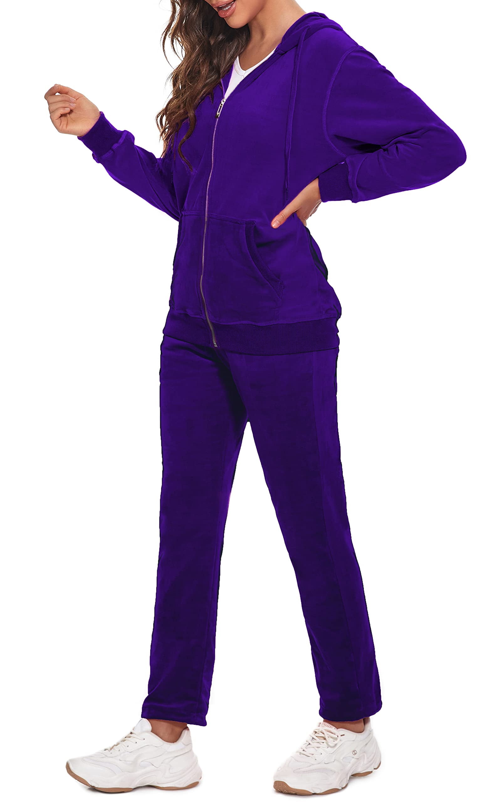 Yasumond Womens Sweatsuits Velour 2 Pieces Tracksuit Set Full Zip Hoodie  and Sweatpants Athletic Sports Suits Purple M