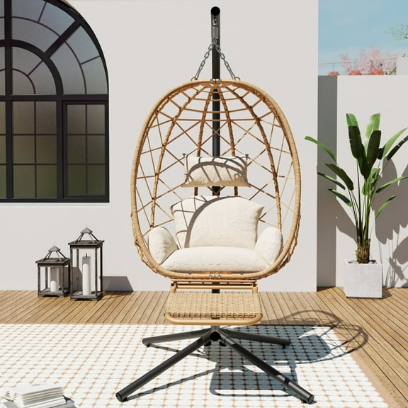 SWITTE 1-Person Metal Patio Swing Egg Chair with Stand and Footrest with Beige Cushions