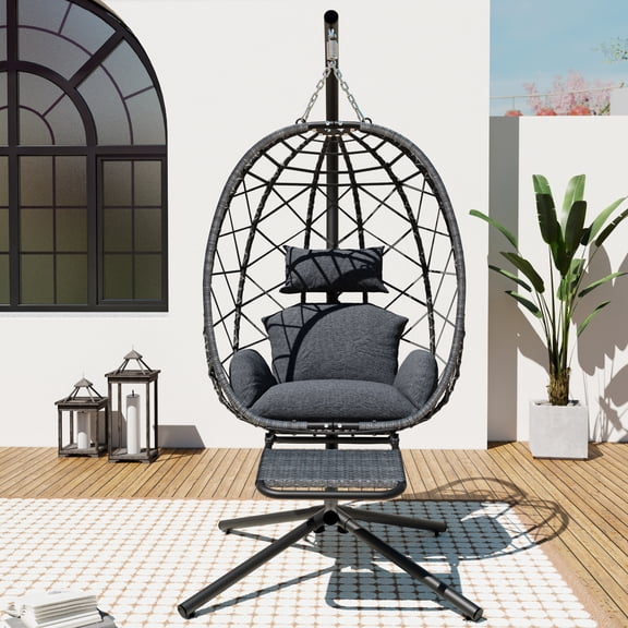 SWITTE 1-Person Metal Patio Swing Egg Chair with Stand and Footrest with Gray Cushions