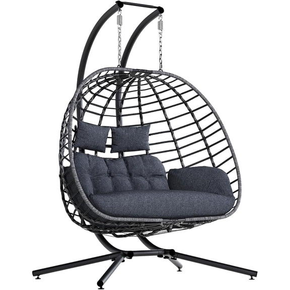 SWITTE Double Egg Chair Outdoor with Stand, Patio Hanging Swing, Grey | Indoor 2 Person Egg Swinging with Cushion, Wicker Loveseat for Porch Balcony Backyard, Cozy Hammock Chairs 680 LBS Capaticy