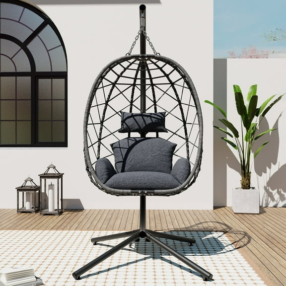 SWITTE Egg Chair with Stand , PE Wicker Hanging Outdoor Egg Chair with Metal Frame, Dark Gray
