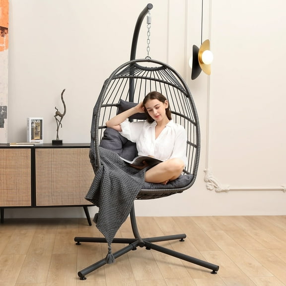 SWITTE Egg Chair with Stand PE Wicker Swing Chair and Dark Gray Cushion, Indoor & Outdoor