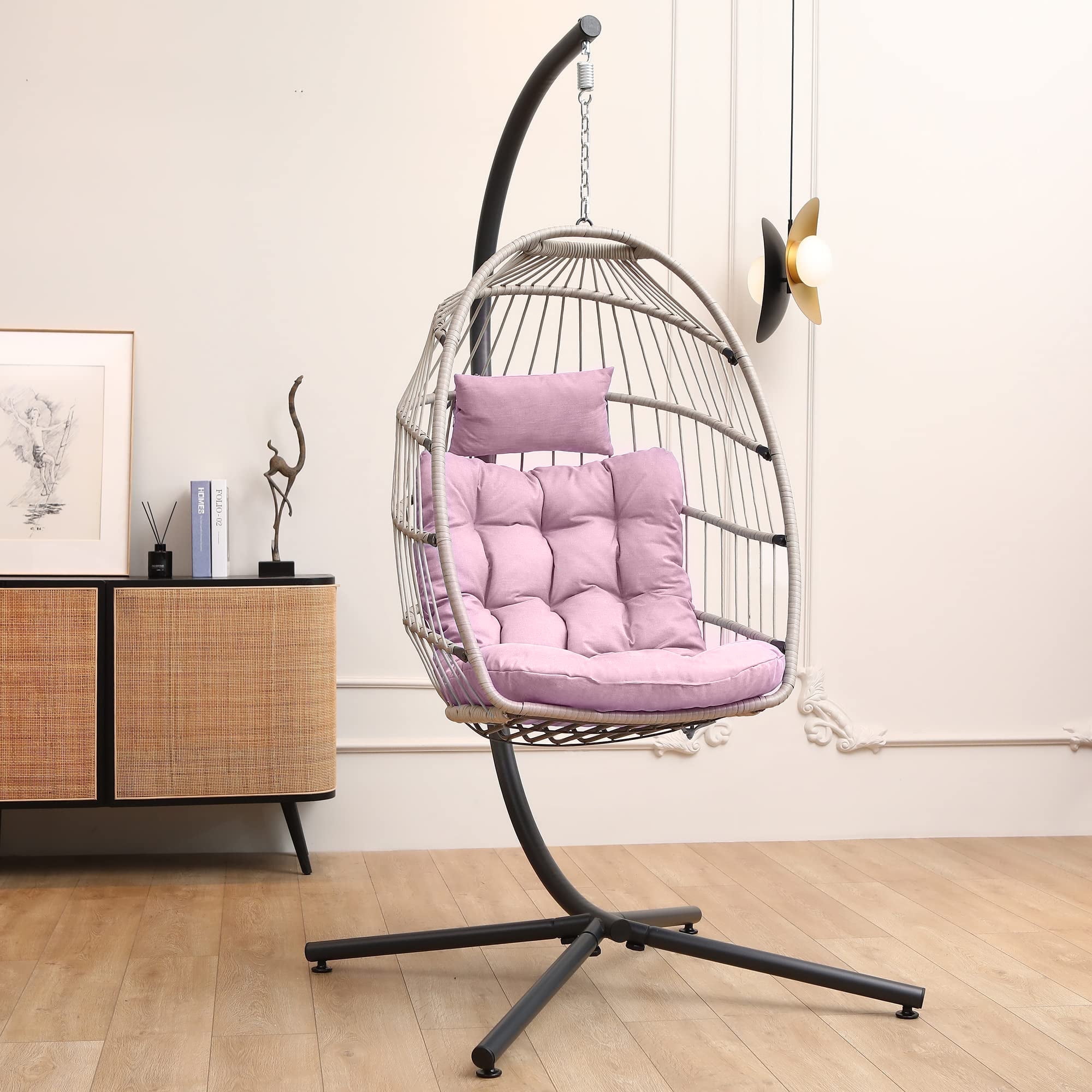 SWITTE Egg Chair with Stand PE Wicker Swing Chair and Pink Cushion Indoor Outdoor