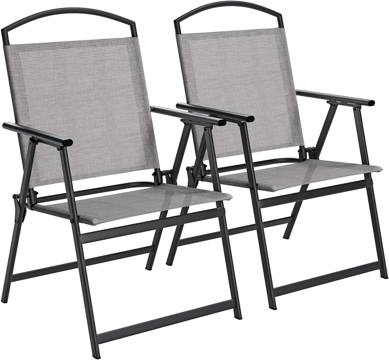 SWITTE Folding Patio Chairs Set of 2, Outdoor Dining Chairs with Armrests, Breathable Textilene & Steel Frame for Lawn, Garden, Yard or Poolside - Light Gray