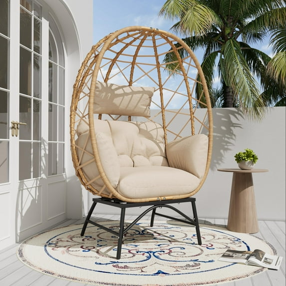 SWITTE Outdoor Wicker Egg Chair Indoor Outdoor Egg Patio Chair with Cushions, Beige