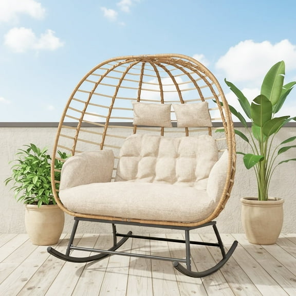 SWITTE Oversized 2-Person Outdoor Wicker Egg Rocking Chair Double Patio Rocker Loveseat With Beige Cushions