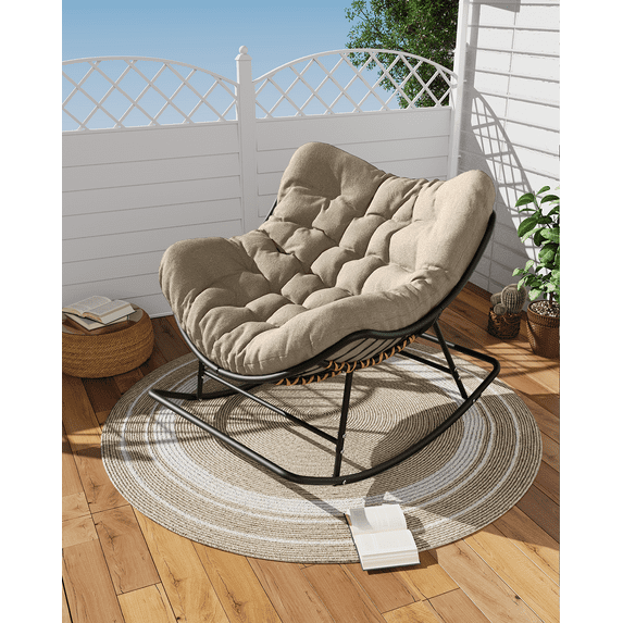 SWITTE Papasan Rocking Chair, Outdoor Rocking Chair with Cushion, Rocking Egg Chair Indoor & Outdoor, Patio Lounge Rocker Chair - Beige
