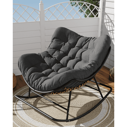 SWITTE Papasan Rocking Chair, Outdoor Rocking Chair with Cushion, Rocking Egg Chair Indoor & Outdoor, Patio Lounge Rocker Chair - Grey