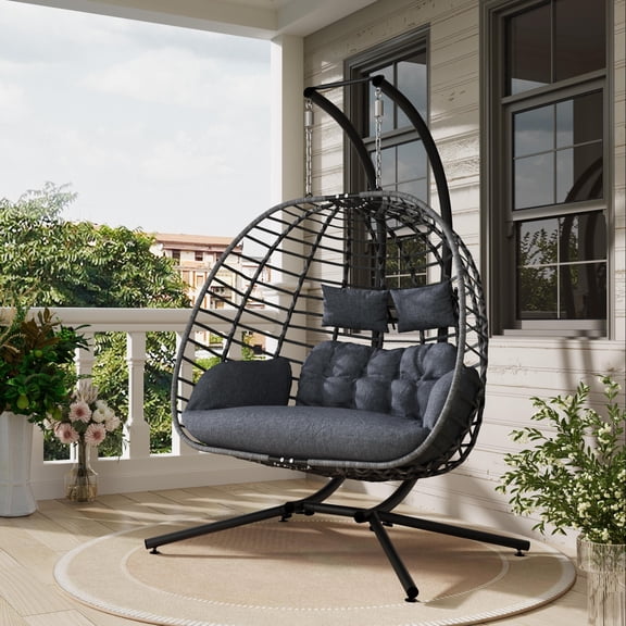 SWITTE Swing Egg Chair with Stand 2 Person Black Wicker Hanging Egg Chairs Indoor & Outdoor Hammocks