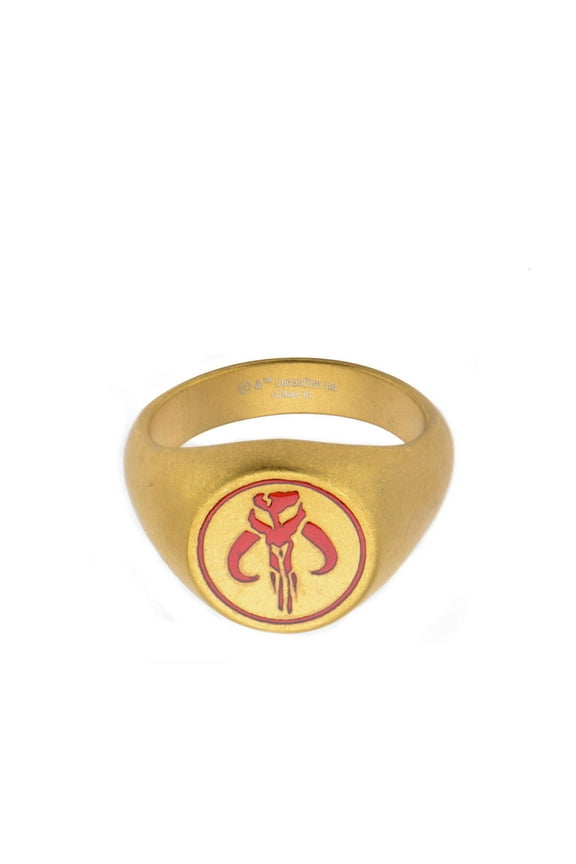 SWMSFR03-14 PVD Plated Enamel Filled Mandalorian Symbol Stainless Steel Ring - Black - Matte & Gold - 14 in.