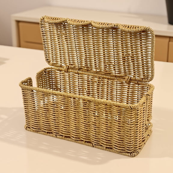 SWOEBTH 1 Pack Cable Management Box with Scalloped Lid, Rattan-Look Cord Organizer, 2-Slot Wire Hider Box, 11.6 x 5 x 5 Inch