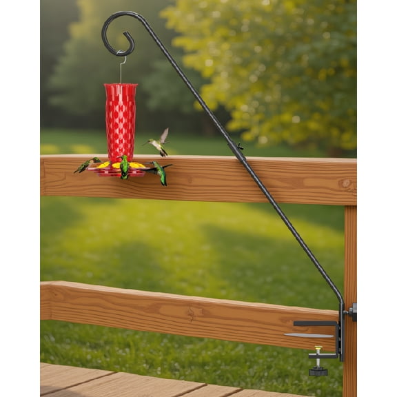 SWOEBTH 1 Pack Deck Hook for Feeder, Rotating Arm, Heavy Duty Wrought Iron, 28 Inch, Fits 1.5-2.5 Inch Deck Railing