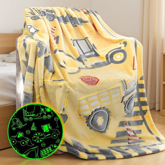 SWOEBTH 1-Pack Glow in the Dark Throw Blanket, Construction Truck Excavator Tractor Print, Girls, 50"x60"