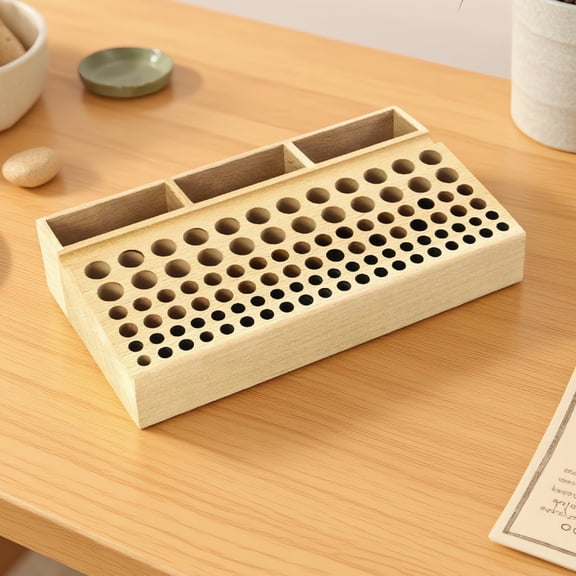 SWOEBTH 1 Pack Wooden Leathercraft Tool Rack Stand with 98 Holes and 3 Slots, Desk Organizer for Leather Punches and Tools