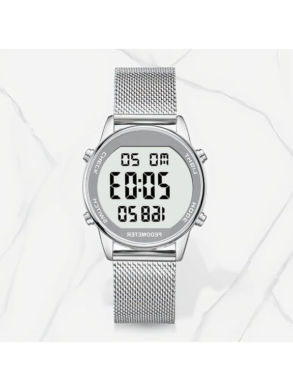 1 Piece Step Counter Watch for Women, No App No Charging, Tracks Steps Calories Distance, Steel Band