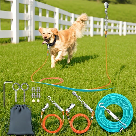 SWOEBTH 1 Set 100ft Dog Zip Line Trolley System, Adjustable Aerial Dog Run Cable with 10ft & 15ft Tie Out for Dogs Up to 250 lbs