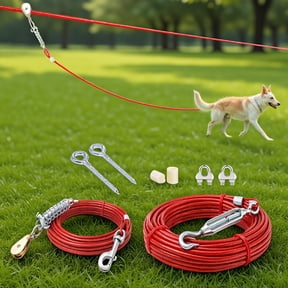 SWOEBTH 1-Set 100ft Heavy Duty Aerial Dog Trolley System, Zipline Dog Run Cable with 15ft Runner Cable and Pulley, Fits Dogs Up to 250 lbs